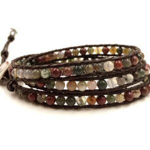 BLUEYES COLLECTION "Hot Mix Color India Agate Stainless Steel Snap Button Lock Genuine Leather Bracelet