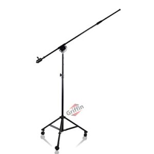 griffin professional studio microphone boom stand with casters | extended height recording mic holder tripod on wheels | tall telescoping arm mount & retractable legs for vocals, choir, overhead drums