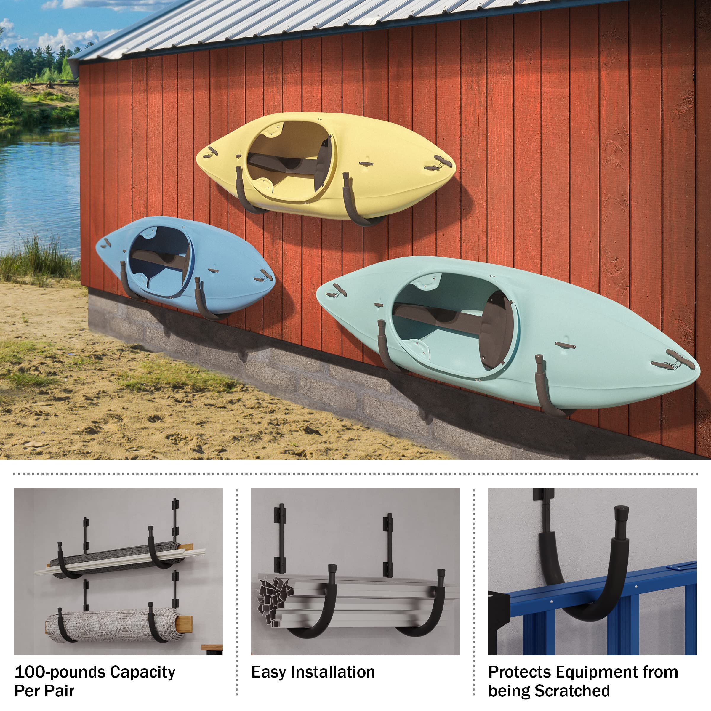 RAD Sportz Kayak Wall Hangers 100 LB Capacity Kayak or Stand Up Paddle Board Storage for Garage, Shed or Boat House Heavy Duty, Black