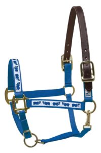 perri's leather horse royal blue with hippos nylon ribbon safety halter