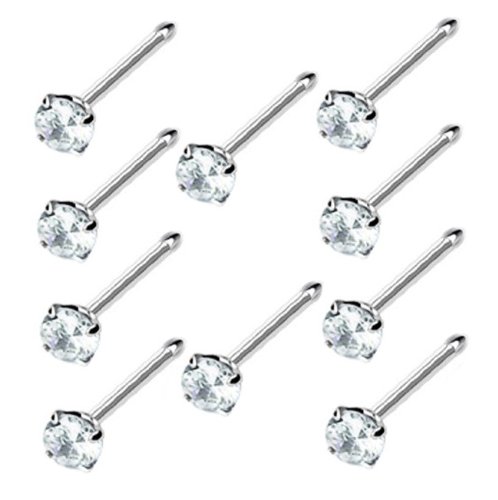 L & L Nation Clear Cz 925 Sterling Silver Bendable Nose Ring with 1.2mm Prong Round Setting Ball Ended 3/8" 10 Pcs Set