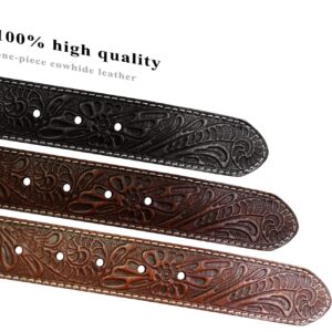 Engraved Tooled Leather Genuine Full Grain Western Floral Belt Strap 1-1/2" Wide (Black, 38)