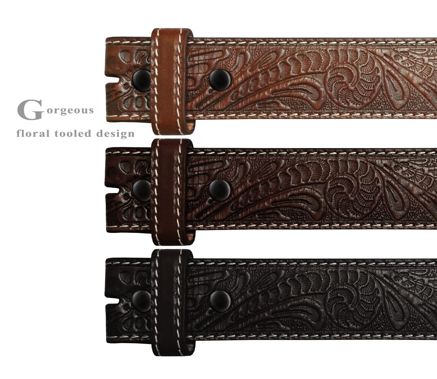 Engraved Tooled Leather Genuine Full Grain Western Floral Belt Strap 1-1/2" Wide (Black, 38)