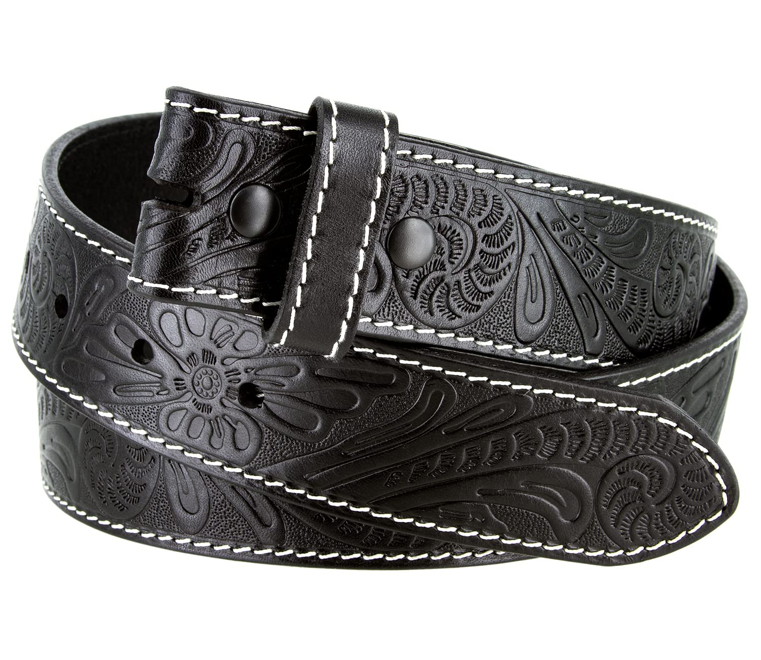 Engraved Tooled Leather Genuine Full Grain Western Floral Belt Strap 1-1/2" Wide (Black, 38)