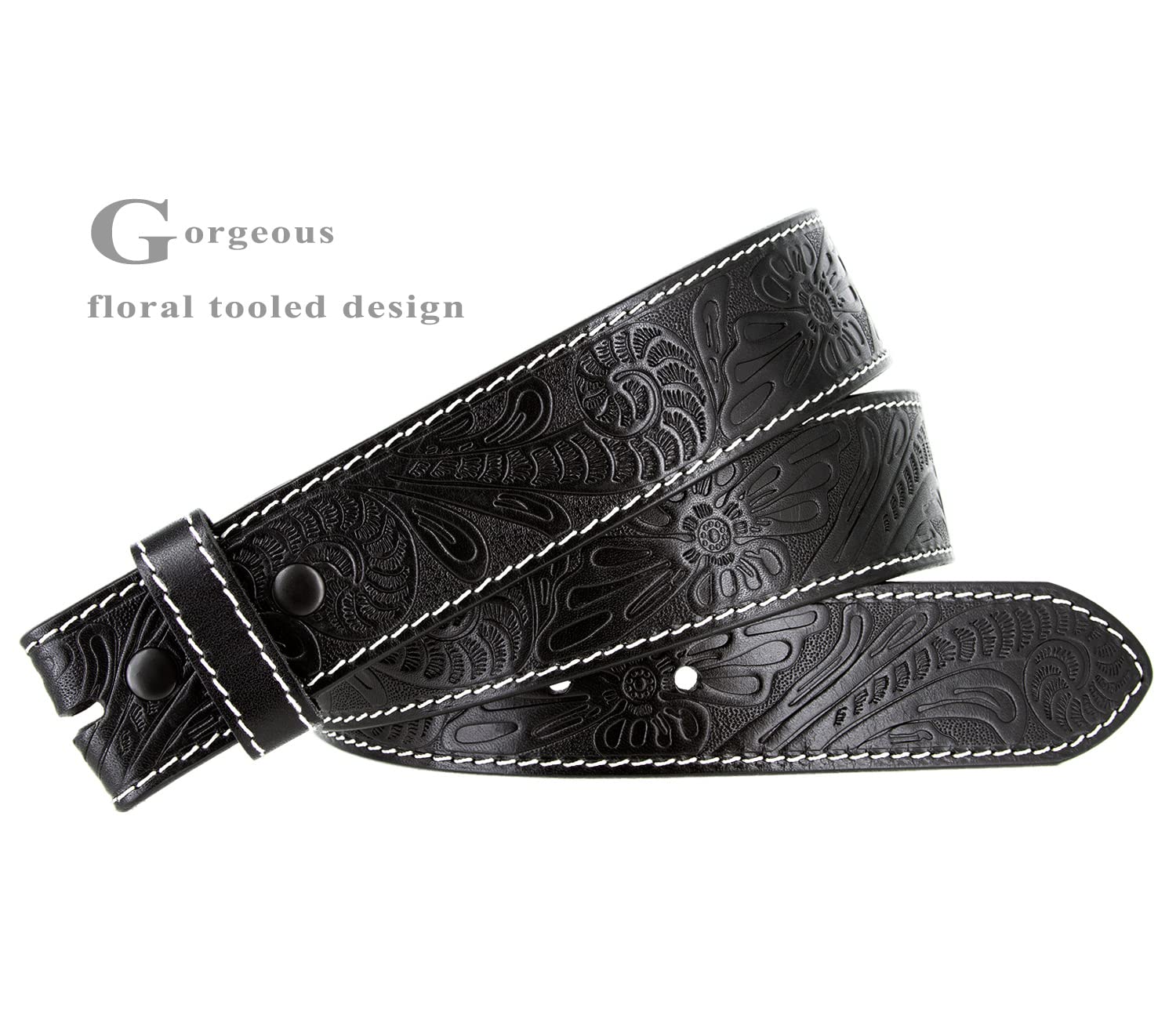 Engraved Tooled Leather Genuine Full Grain Western Floral Belt Strap 1-1/2" Wide (Black, 38)