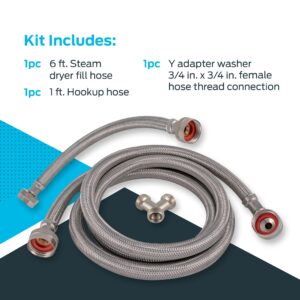 Eastman Steam Dryer Installation Kit, 3/4 Inch FHT Fill Hose, 90 Degree Elbow, 6 ft Braided Stainless Steel Hoses, 41025