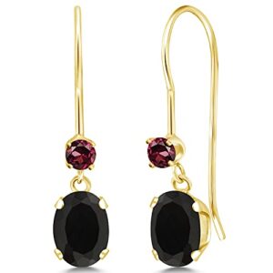 Gem Stone King 14K Yellow Gold Black Onyx and Red Rhodolite Garnet French Wire Dangle Earrings For Women (0.96 Cttw, Gemstone December Birthstone, Oval 6X4MM and Round 2.5MM)