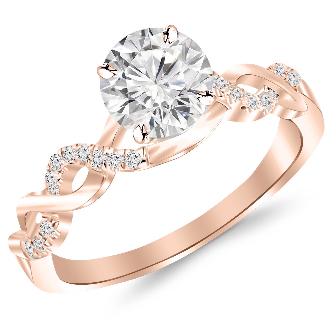 Houston Diamond District 0.5 Carat Twisting Infinity Gold and Diamond Split Shank Pave Set Diamond Engagement Ring 14K Rose Gold with a 0.37 Carat J-K I2 Center