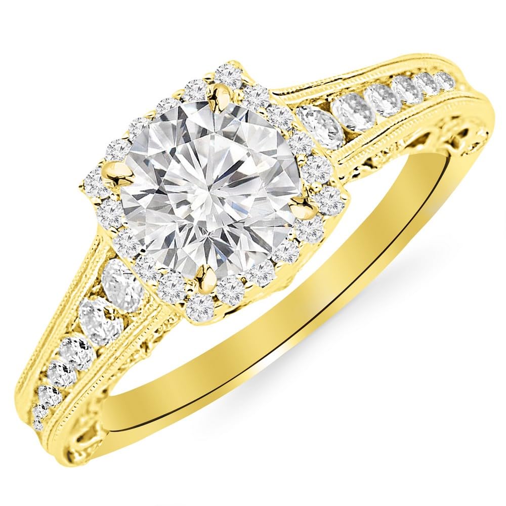 1.25 Carat Designer Halo Channel Set Round Diamond Engagement Ring with Milgrain 14K Yellow Gold with a 0.5 Carat I-J I2 Round Brilliant Cut/Shape Center