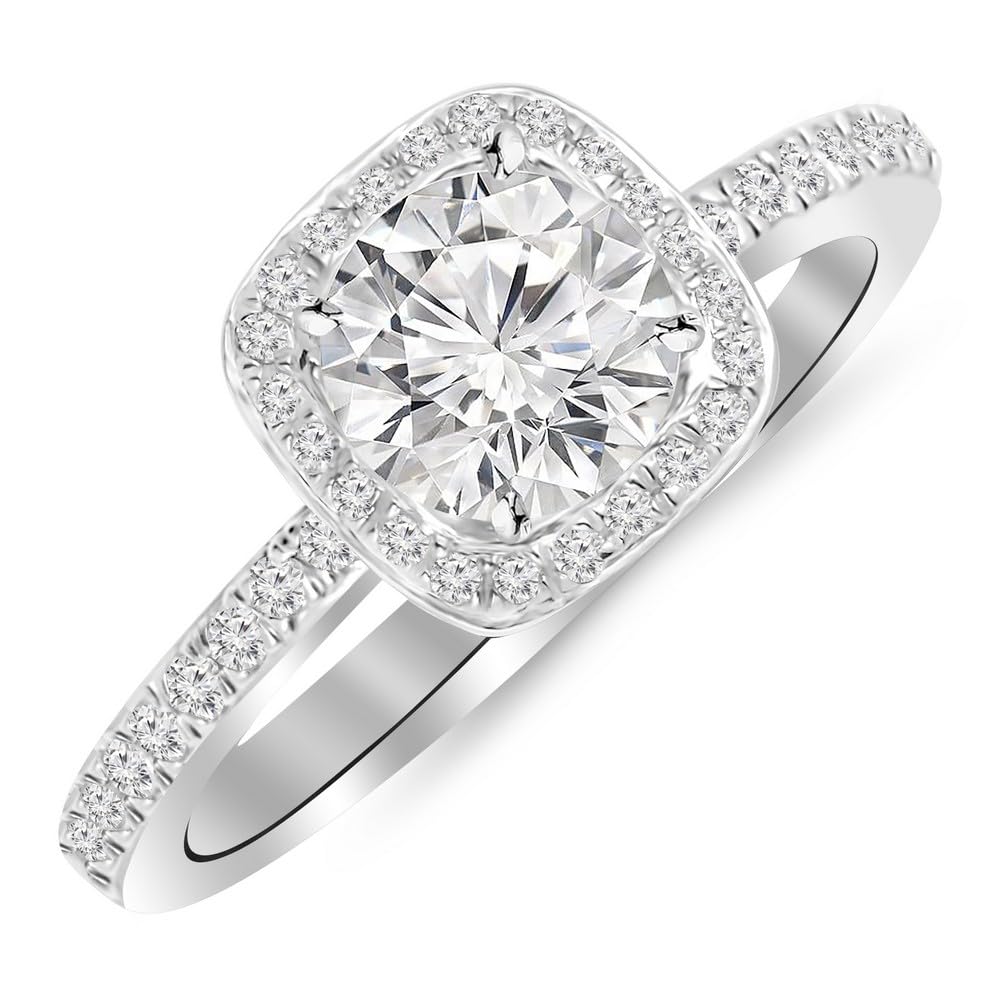 Houston Diamond District 1 Carat Classic Halo Style Cushion Shape Diamond Engagement Ring 14K White Gold with a 0.75 Carat F-G I2 Round Brilliant Cut/Shape Center