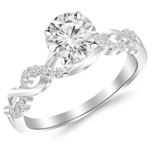 houston diamond district 0.63 carat twisting infinity gold and diamond split shank pave set diamond engagement ring 14k white gold with a 0.5 carat j-k i2 round brilliant cut/shape center