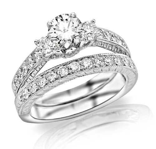 1.53 Carat Three Stone Vintage With Milgrain & Filigree Bridal Set with Wedding Band & Diamond Engagement Ring 14K White Gold with a 0.5 Carat H-I VS2-SI1 Round Brilliant Cut/Shape Center