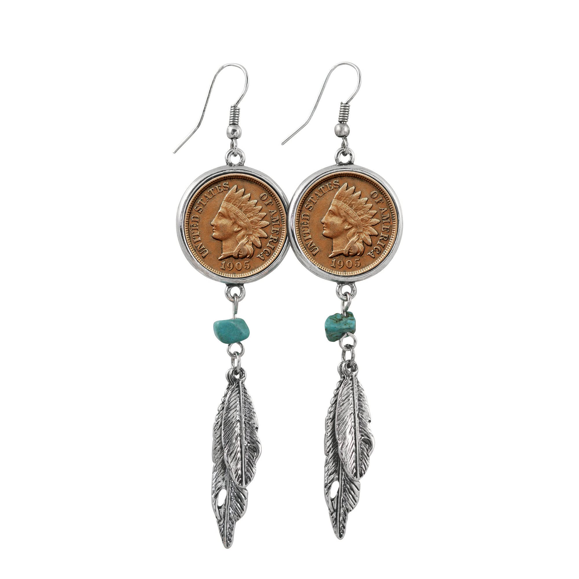 American Coin Treasures 100 Year Old Indian Head Penny Feather Silvertone Coin Earrings