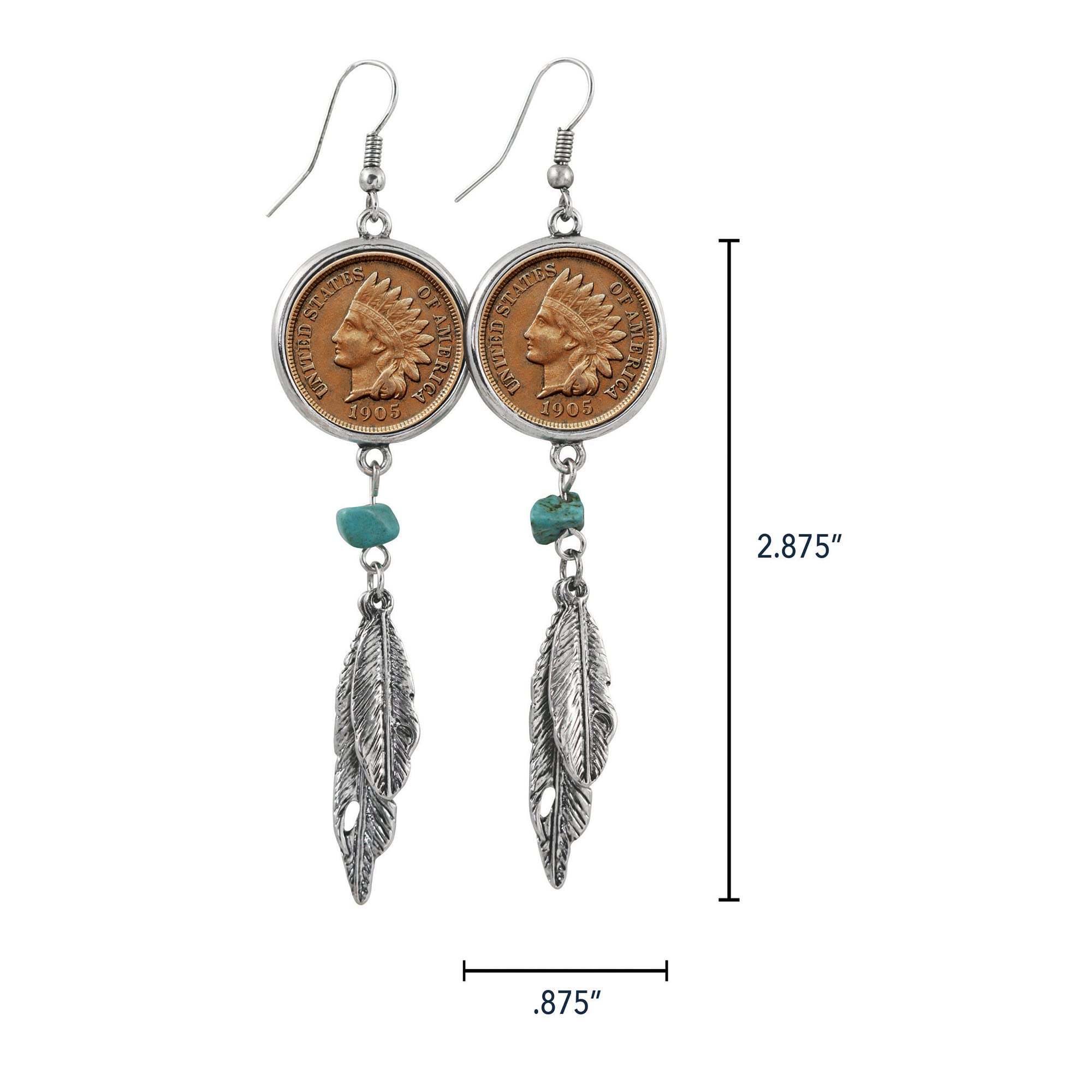 American Coin Treasures 100 Year Old Indian Head Penny Feather Silvertone Coin Earrings