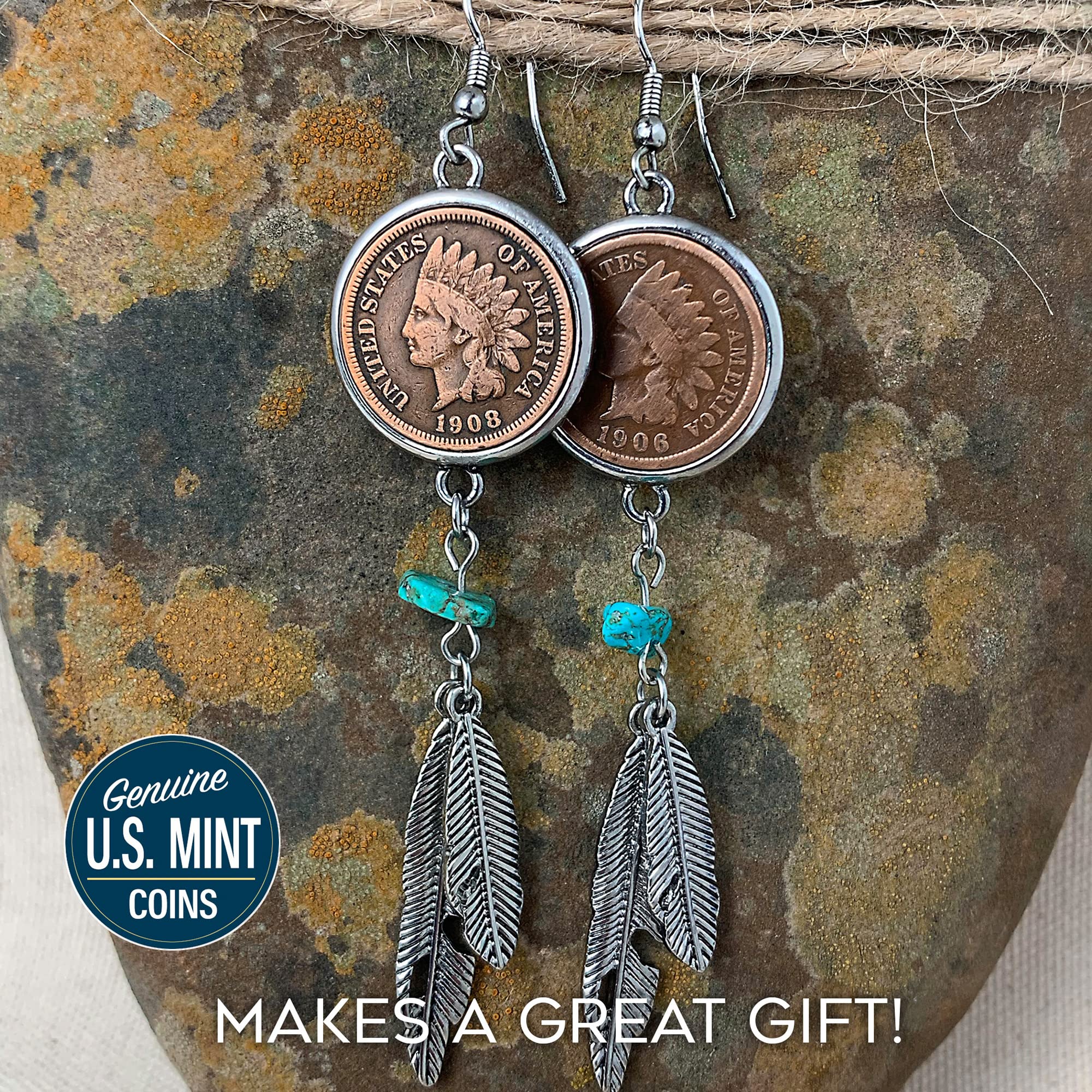 American Coin Treasures 100 Year Old Indian Head Penny Feather Silvertone Coin Earrings