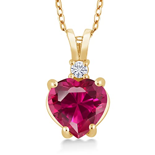 Gem Stone King 14K Yellow Gold Heart Shape Red Created Ruby and White Topaz Pendant Necklace For Women (2.27 Cttw, with 18 Inch Chain)