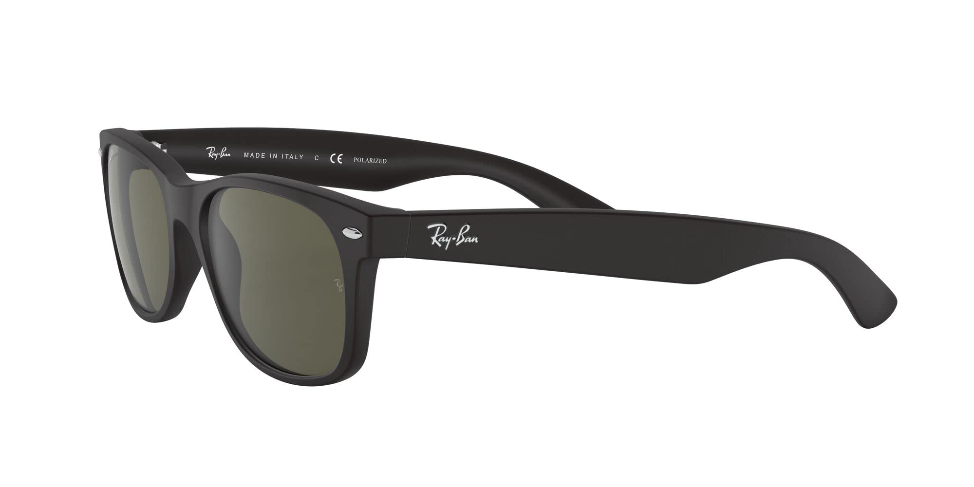 Ray-Ban RB2132 New Wayfarer Square Sunglasses, Rubber Black/Polarized Green, 55 mm