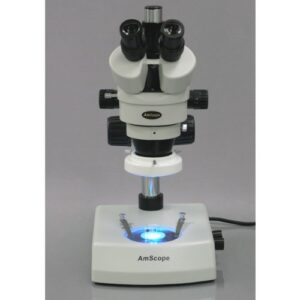 AmScope SM-2TZ-LED-14M Digital Professional Trinocular Stereo Zoom Microscope, WH10x Eyepieces, 3.5X-90X Magnification, 0.7X-4.5X Zoom Objective, Upper and Lower LED Lighting, Pillar Stand, 110V-120V, Includes 0.5X and 2.0X Barlow Lenses and 14MP Camera w