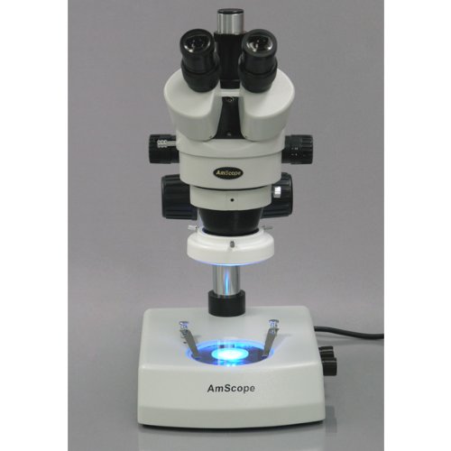 AmScope SM-2TZ-LED-14M Digital Professional Trinocular Stereo Zoom Microscope, WH10x Eyepieces, 3.5X-90X Magnification, 0.7X-4.5X Zoom Objective, Upper and Lower LED Lighting, Pillar Stand, 110V-120V, Includes 0.5X and 2.0X Barlow Lenses and 14MP Camera w