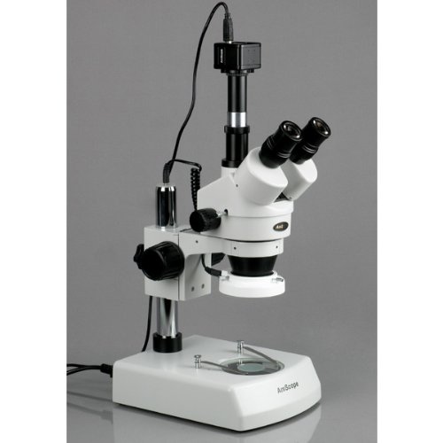 AmScope SM-2TZ-LED-14M Digital Professional Trinocular Stereo Zoom Microscope, WH10x Eyepieces, 3.5X-90X Magnification, 0.7X-4.5X Zoom Objective, Upper and Lower LED Lighting, Pillar Stand, 110V-120V, Includes 0.5X and 2.0X Barlow Lenses and 14MP Camera w