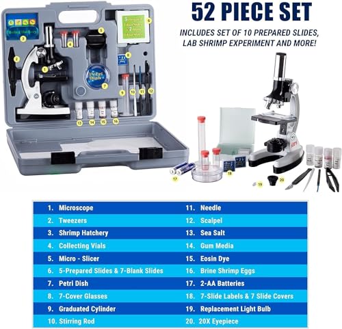 AmScope 120X-1200X 52-pcs Beginner Microscope STEM Kit with Metal Body Microscope, Plastic Slides, LED Light and Carrying Box (M30-ABS-KT2-W),White