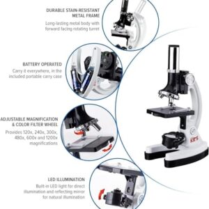 AmScope 120X-1200X 52-pcs Beginner Microscope STEM Kit with Metal Body Microscope, Plastic Slides, LED Light and Carrying Box (M30-ABS-KT2-W),White