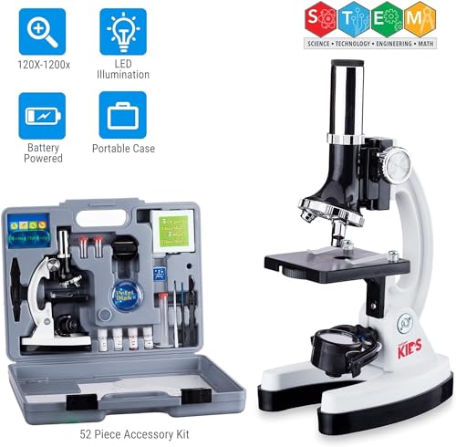 AmScope 120X-1200X 52-pcs Beginner Microscope STEM Kit with Metal Body Microscope, Plastic Slides, LED Light and Carrying Box (M30-ABS-KT2-W),White