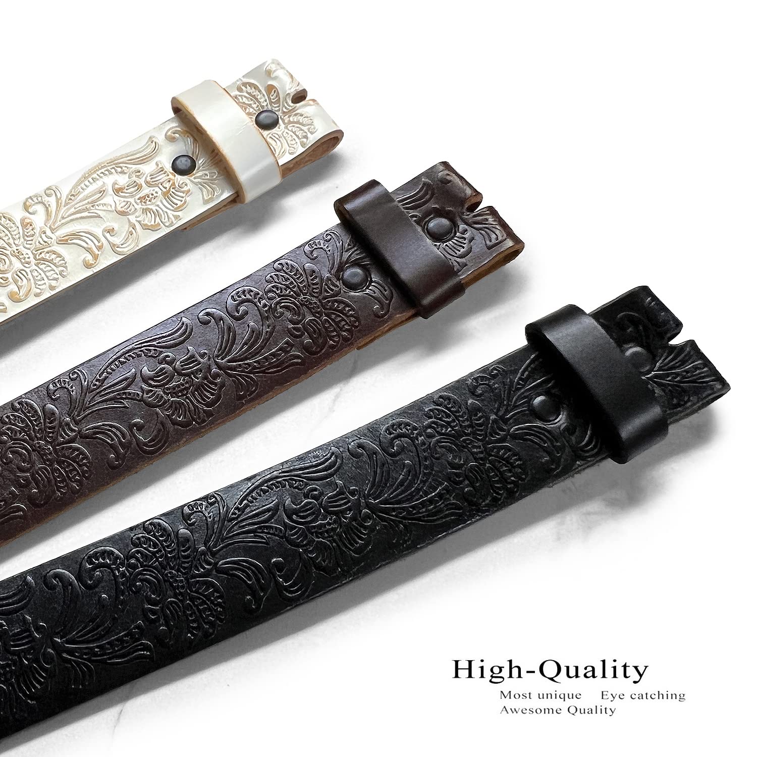 BS036 Cowboy Cowgirl Western Tooled Floral Embossed Full Grain Genuine Leather Belt Strap 1-1/2"(38mm) Wide (Black, 38)