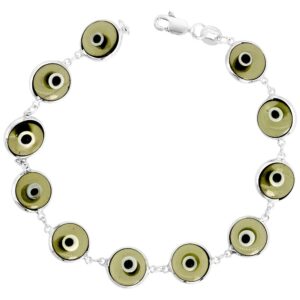 Sterling Silver Evil Eye Bracelet for Women 10 mm Glass Eyes Clear Smokey Quartz Color 7 inch