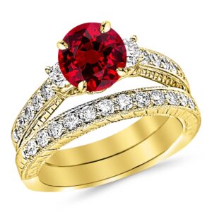 houston diamond district 3.03 carat 14k yellow gold three stone vintage with milgrain & filigree bridal set & diamond engagement ring with a 2 carat natural ruby center (heirloom quality)