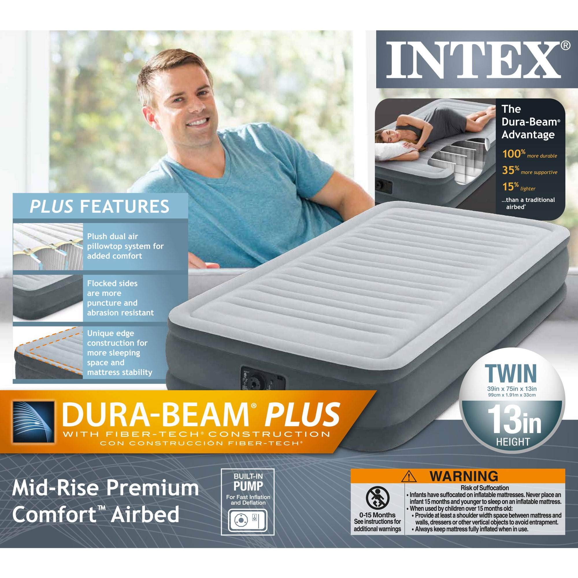 Intex Recreation 67765E Comfort Plush Mid Rise Dura-Beam Airbed with Built-in Electric Pump, Bed Height 13", Twin