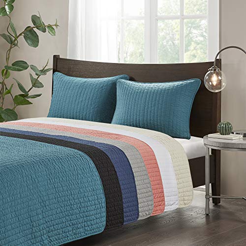 Madison Park Keaton Quilt Set-Casual Channel Stitching Design All Season, Lightweight Coverlet Bedspread Bedding, Shams, Twin/Twin XL(68"x90"), Stripe White, 2 Piece