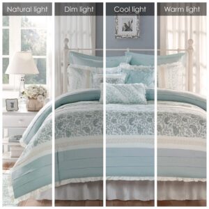 Madison Park Dawn 100% Cotton Duvet Set Floral Shabby Chic Design All Season Comforter Cover Bedding, Matching Shams, Percale Light Weight Bed Comforter Covers, King(104"x92"), Blue 9 Piece , Aqua