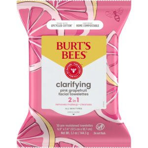 burt's bees clarifying facial towelettes with pink grapefruit, pre-moistened towelettes for all skin types, 99 percent natural origin skin care, 30 ct. package