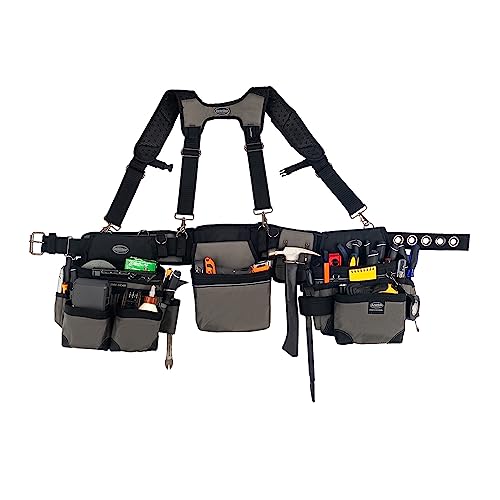 Bucket Boss Mullet Buster 3 Bag Tool Belt with Suspenders in Grey, 55135, Black, full size