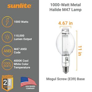 Sunlite 03680-SU MH1000/U/BT37 M47 Metal Halide Lamp, 1000 Watts, Mogul Base (E39), BT37, 12,000 Hours Life, 110,000 Lumen, Clear Finish, 4000K