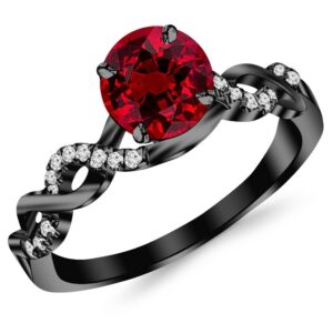 0.63 carat 14k black gold twisting infinity gold and diamond split shank pave set diamond engagement ring with a 0.5 carat natural ruby center (heirloom quality)