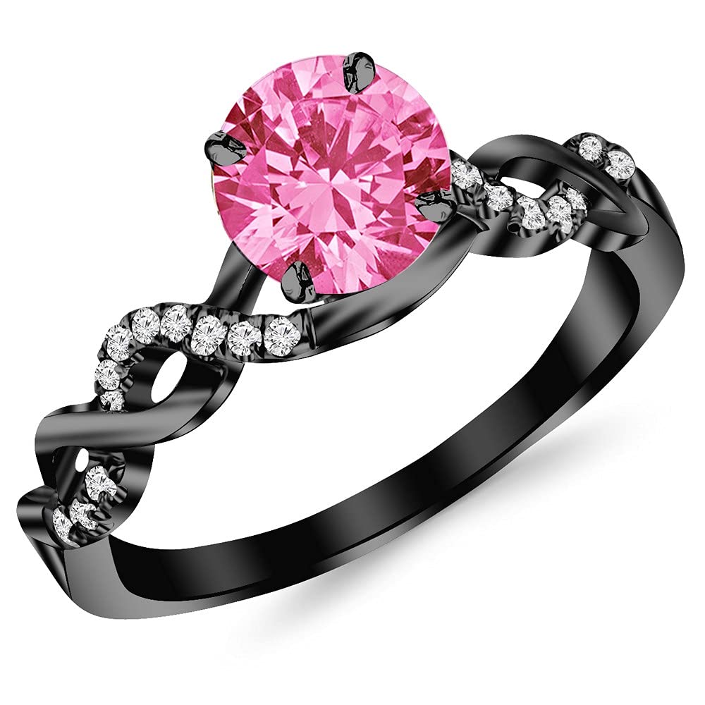 0.63 Carat 14K Black Gold Twisting Infinity Gold and Diamond Split Shank Pave Set Diamond Engagement Ring with a 0.5 Carat Natural Pink Sapphire Center (Heirloom Quality)