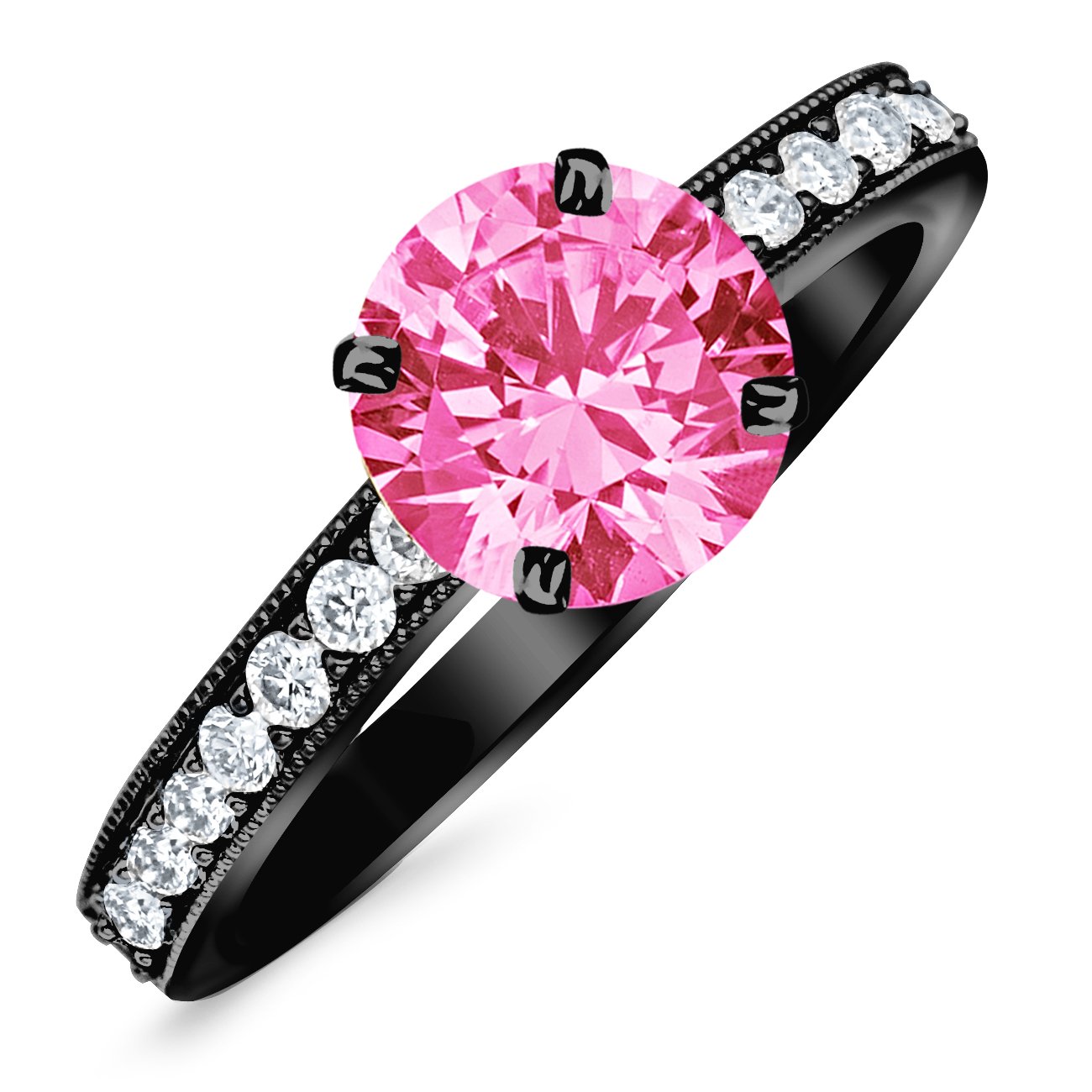 Houston Diamond District 1.05 Carat 14K Black Gold Classic Side Stone Pave Set With Milgrain Engagement Ring a.75 Natural Pink Sapphire Center (Heirloom Quality)