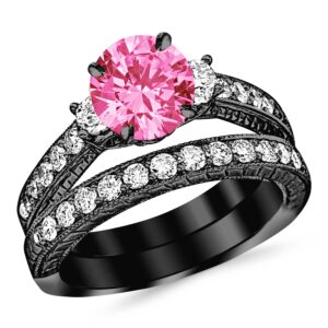 2.03 carat 14k black gold three stone vintage with milgrain & filigree bridal set with wedding band & diamond engagement ring with a 1 carat natural pink sapphire center (heirloom quality)