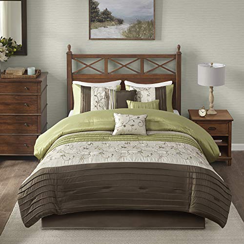 Madison Park Serene Faux Silk Comforter Set - Floral Embroidery Design, All Season Bedding Set, Matching Bed Skirt, Decorative Pillows, Green Queen(90"x90") 7 Piece