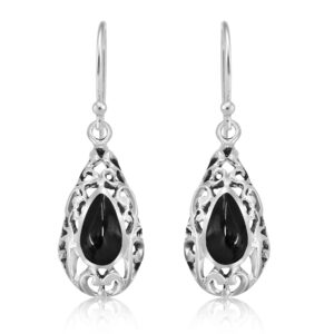 AeraVida Classic Vintage Simulated Black Onyx Filigree Teardrop .925 Silver Earrings, 0.43x1.46 inch | Vintage Earrings for Women | Elegant Black Earrings