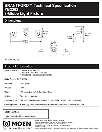 Moen YB2263BN Brantford 3-Light Dual-Mount Bath Bathroom Vanity Fixture with Frosted Glass, Brushed Nickel