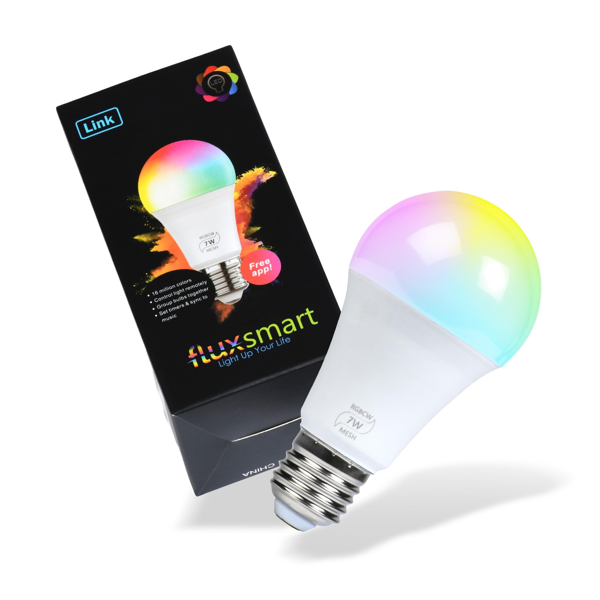 FluxSmart Bluetooth Light Bulb, Smart LED Bulb, Dimmable Smart Bulb, Smartphone-Controlled Hue Bulb with 16 Million Color Options, Compatible with iOS and Android Devices, 7W, A19, E26 Base