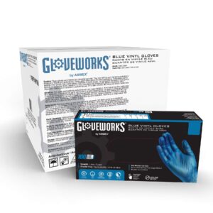 gloveworks blue vinyl light-industrial disposable gloves, 3 mil, food-safe, latex & powder-free, medium, case of 1000