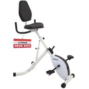 fitdesk standing desk bike - height adjustable with 8 level resistance and easy to read digital performance meter - foldable - for home and office use, white