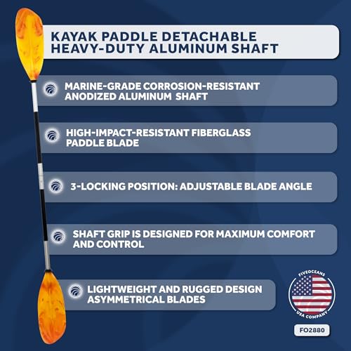 Five Oceans Kayak Paddles, 84" - 7ft Kayak Fishing Paddle, Detachable Heavy-Duty Aluminum Shaft, Reinforced Fiberglass Blades, 2-Piece Snap-Button, Lightweight Paddle Design for all Kayaks - FO2880