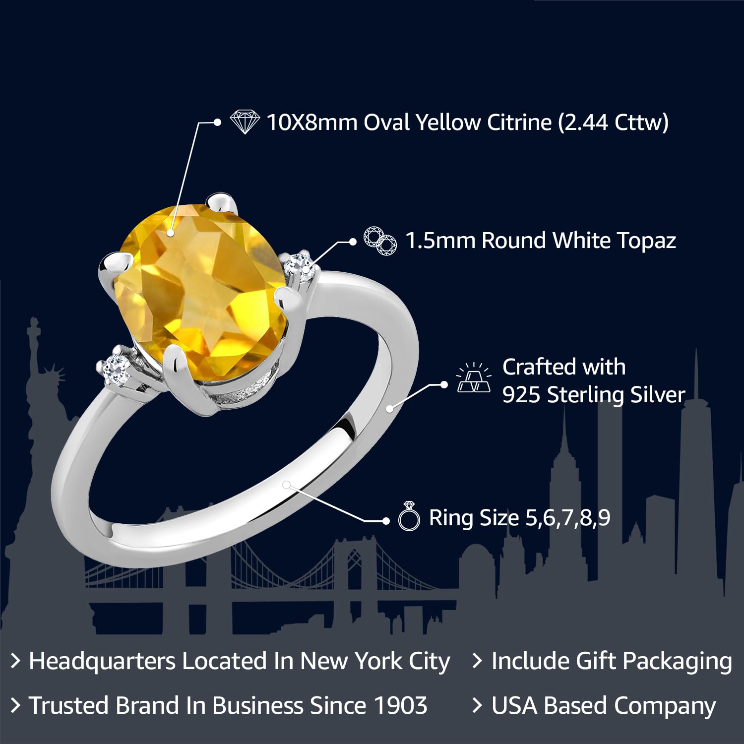 Gem Stone King 925 Sterling Silver Yellow Citrine and White Topaz Ring For Women (2.44 Cttw, Gemstone Birthstone, Available In Size 5,6,7,8,9)