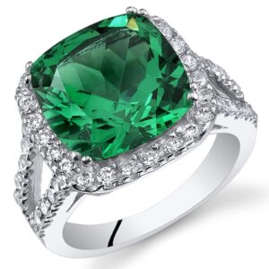 PEORA 6.50 Carats Simulated Emerald Ring for Women 925 Sterling Silver, 11mm Cushion Cut, Size 7