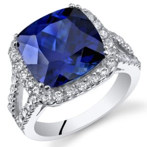 PEORA Created Blue Sapphire Signature Ring for Women 925 Sterling Silver, Large 7.75 Carats Cushion Cut 11mm, Size 7